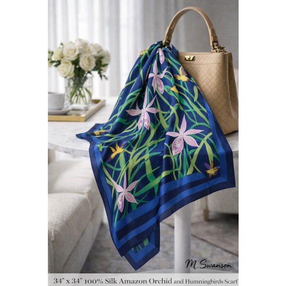 100% silk oversized scarf Amazon orchid and hummingbird rainforest scarf